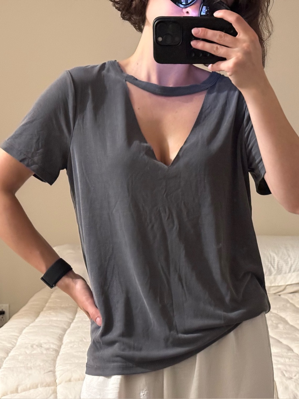 Forever 21 Charcoal Gray Cutout V-Neck Short Sleeve Top